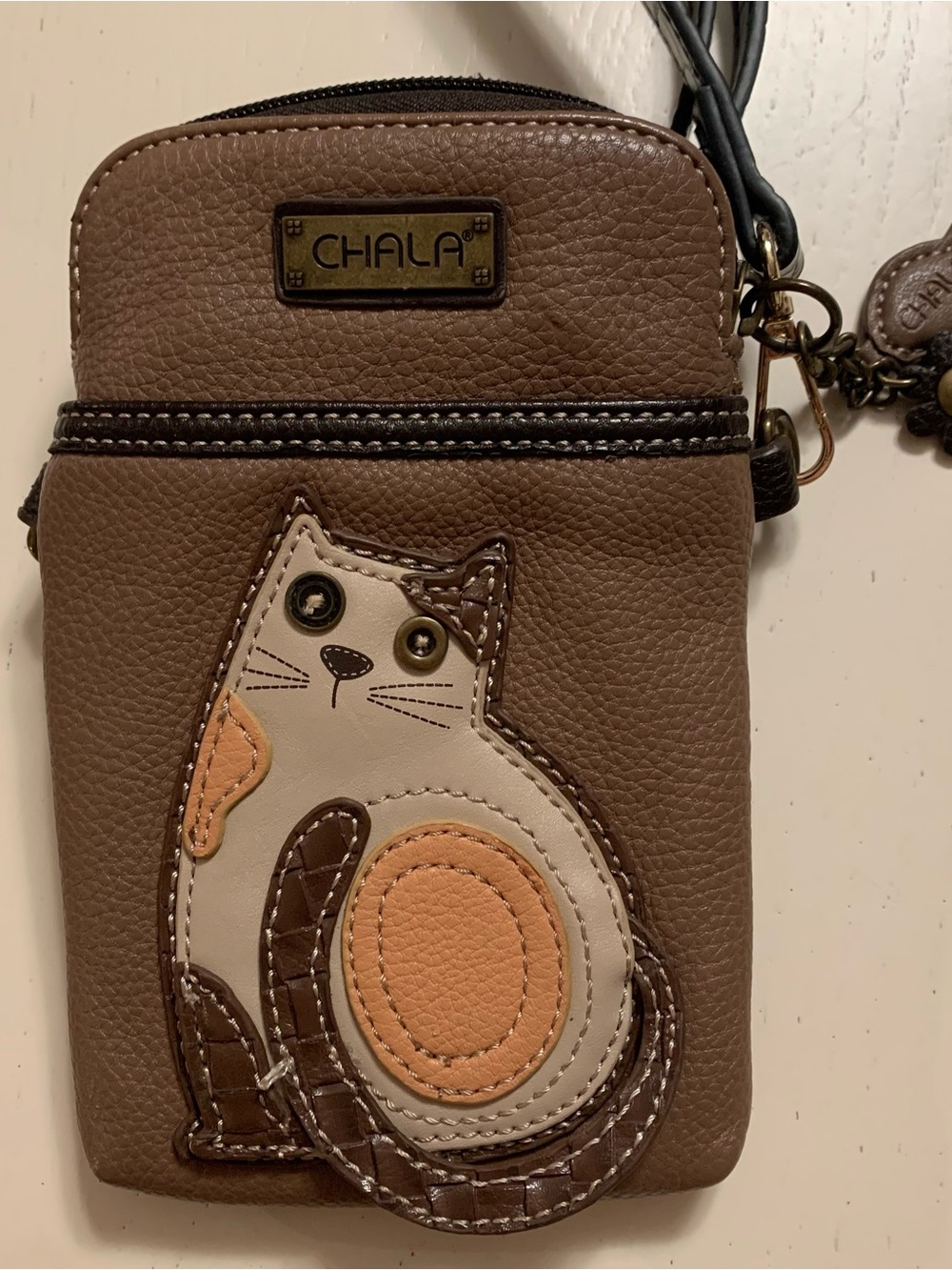 Chala Brown Cat Applique Crossbody Phone Pouch